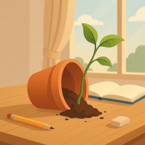 Pot renversé sur bureau d'étude avec jeune pousse