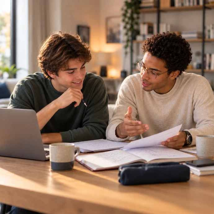 Un étudiant du supérieur travaille son cours avec son coach