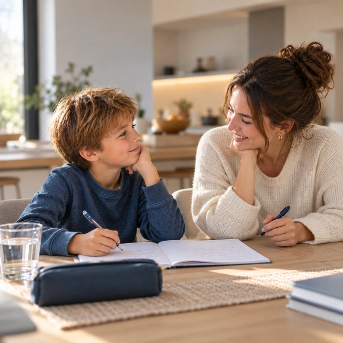 Une coach aide un enfant de primaire à faire ses devoirs à la maison
