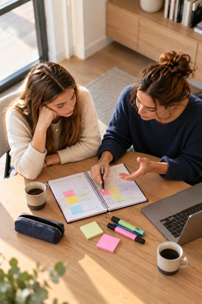 Une coach aide une élève du secondaire à organiser son planning d'étude