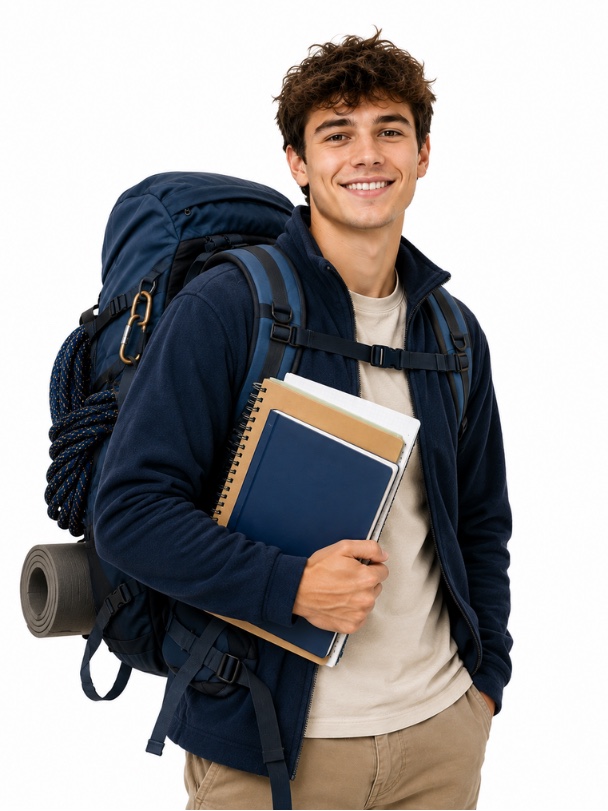 Un jeune coach My Sherpa souriant, sac à dos d’expédition sur l’épaule et cahiers sous le bras