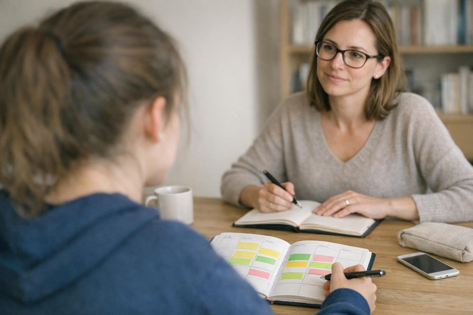Une coach My Sherpa prend des notes face à son élève pendant un cours particulier