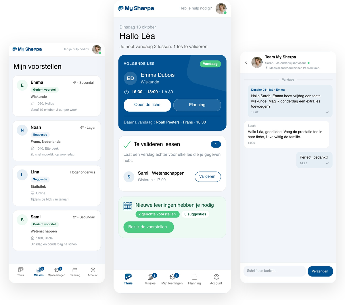 Trois écrans de l’app My Sherpa Coach : propositions d’élèves, accueil et messagerie avec le conseiller