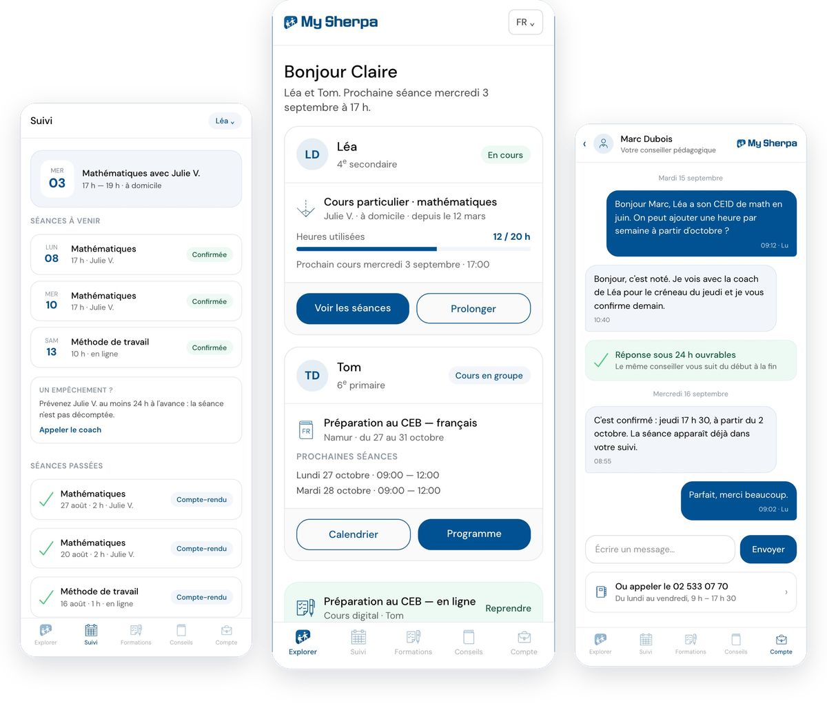 Trois écrans de l’app My Sherpa : suivi des séances, accueil de la famille et messagerie avec le conseiller