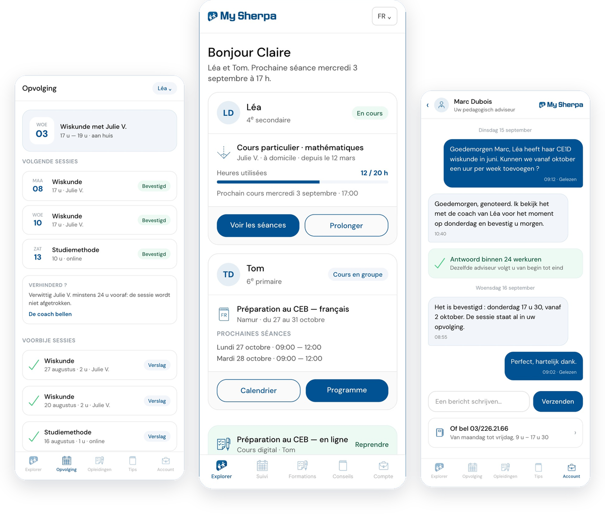 Trois écrans de l’app My Sherpa, disponible en français et en néerlandais