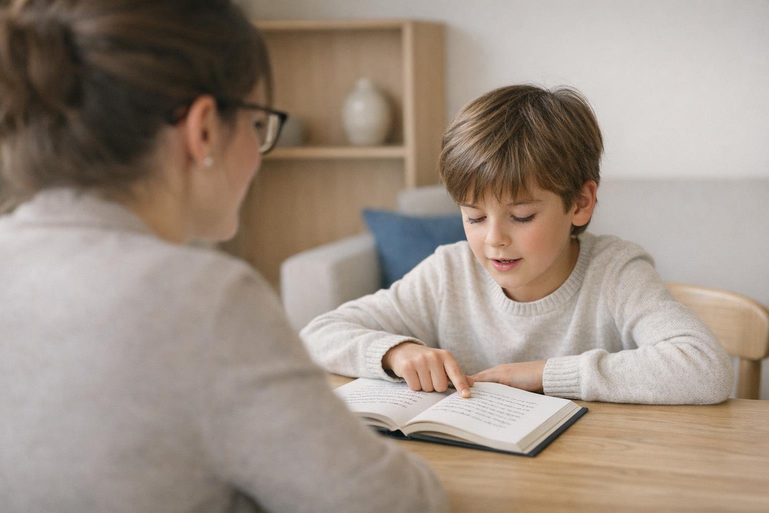 Un élève de primaire lit à voix haute en suivant la ligne du doigt, sa coach l’écoute de l’autre côté de la table