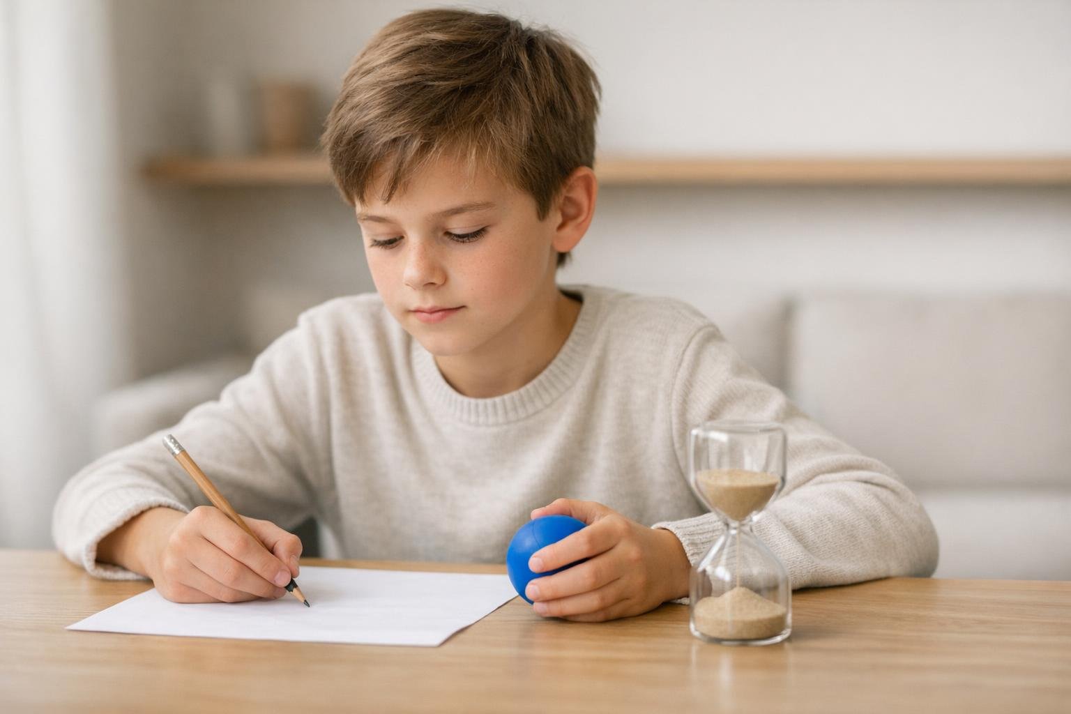 Un élève travaille sur une seule feuille, une balle anti-stress dans la main et un sablier posé à côté