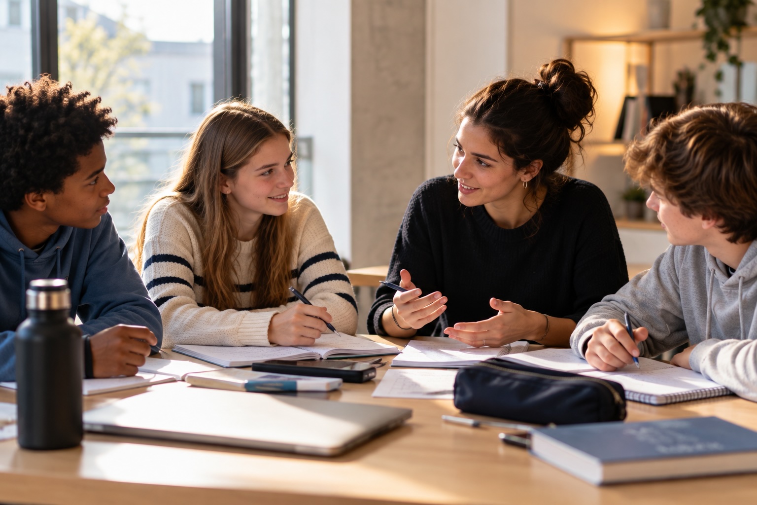 Une coach fait travailler trois élèves du secondaire autour d’une grande table