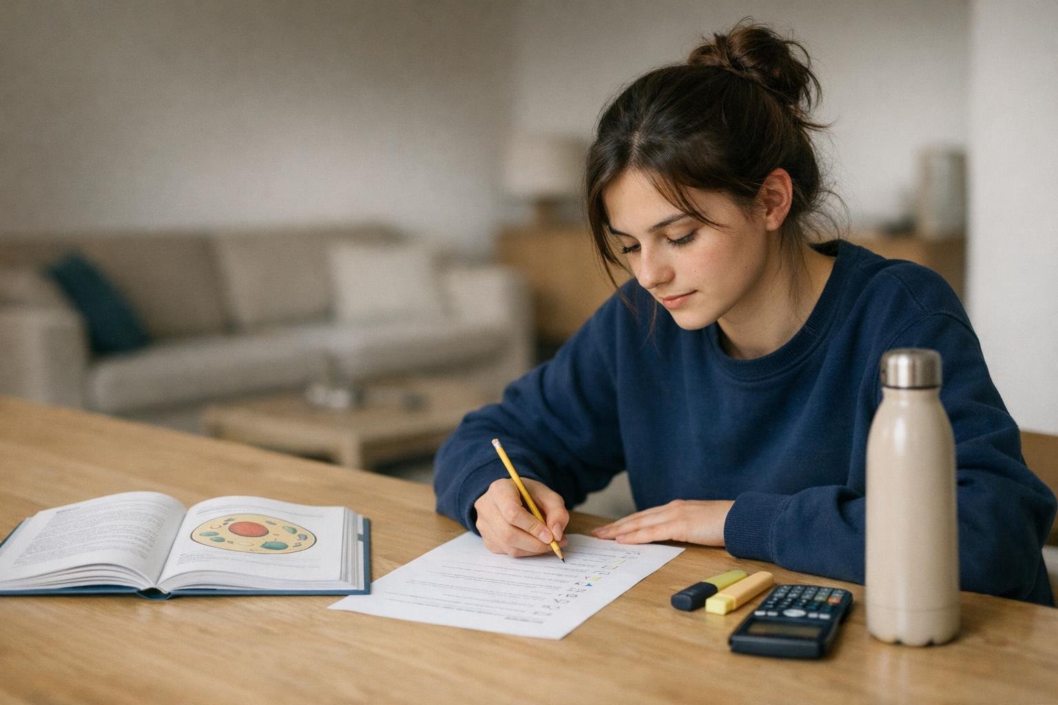 Une étudiante de 18 ans révise le concours de médecine à sa table, manuel de biologie ouvert et feuille de QCM annotée au crayon