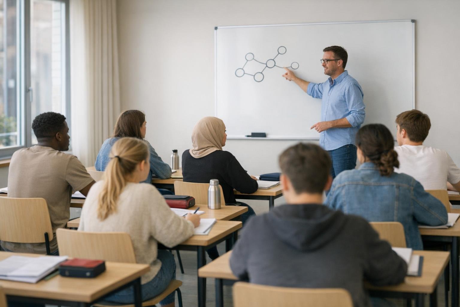 Un formateur explique un schéma de chimie au tableau blanc à un petit groupe d’étudiants assis à leurs tables