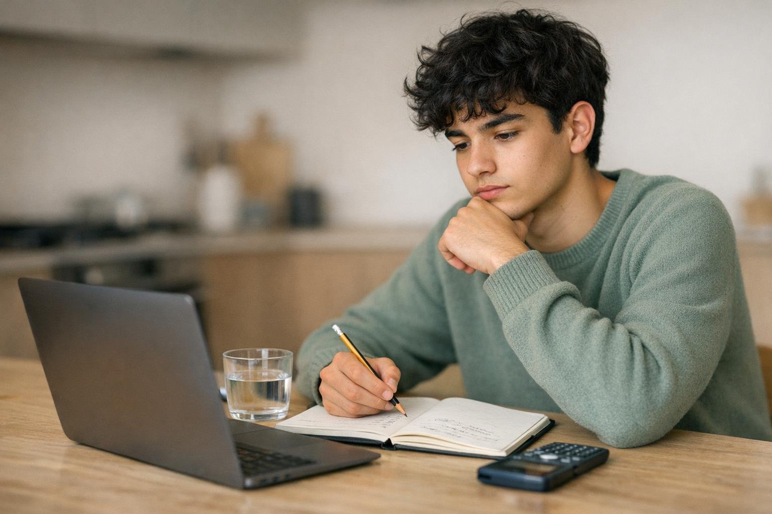 Un élève de 6e secondaire réfléchit devant son ordinateur portable pendant un test de niveau, carnet de brouillon à côté