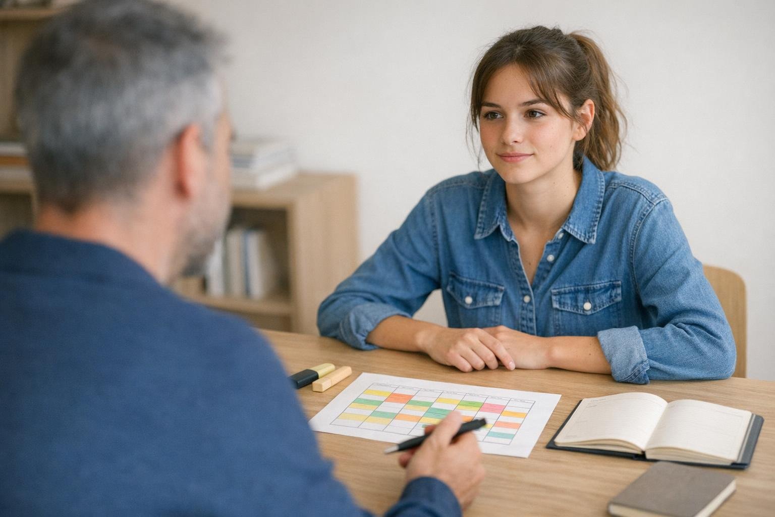 Une étudiante écoute son coach, assis en face d’elle, qui lui présente son planning de révision