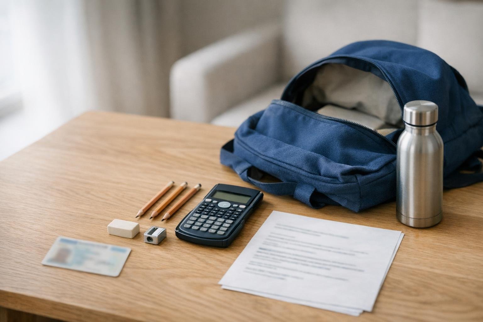 Sac à dos, calculatrice, crayons, carte d’identité et convocation prêts sur une table la veille du concours