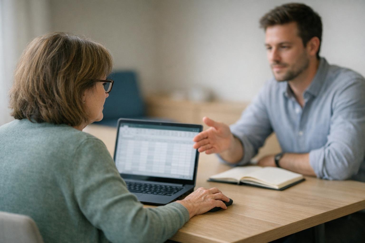 Une apprenante travaille sur un tableur pendant que son formateur lui indique l’écran
