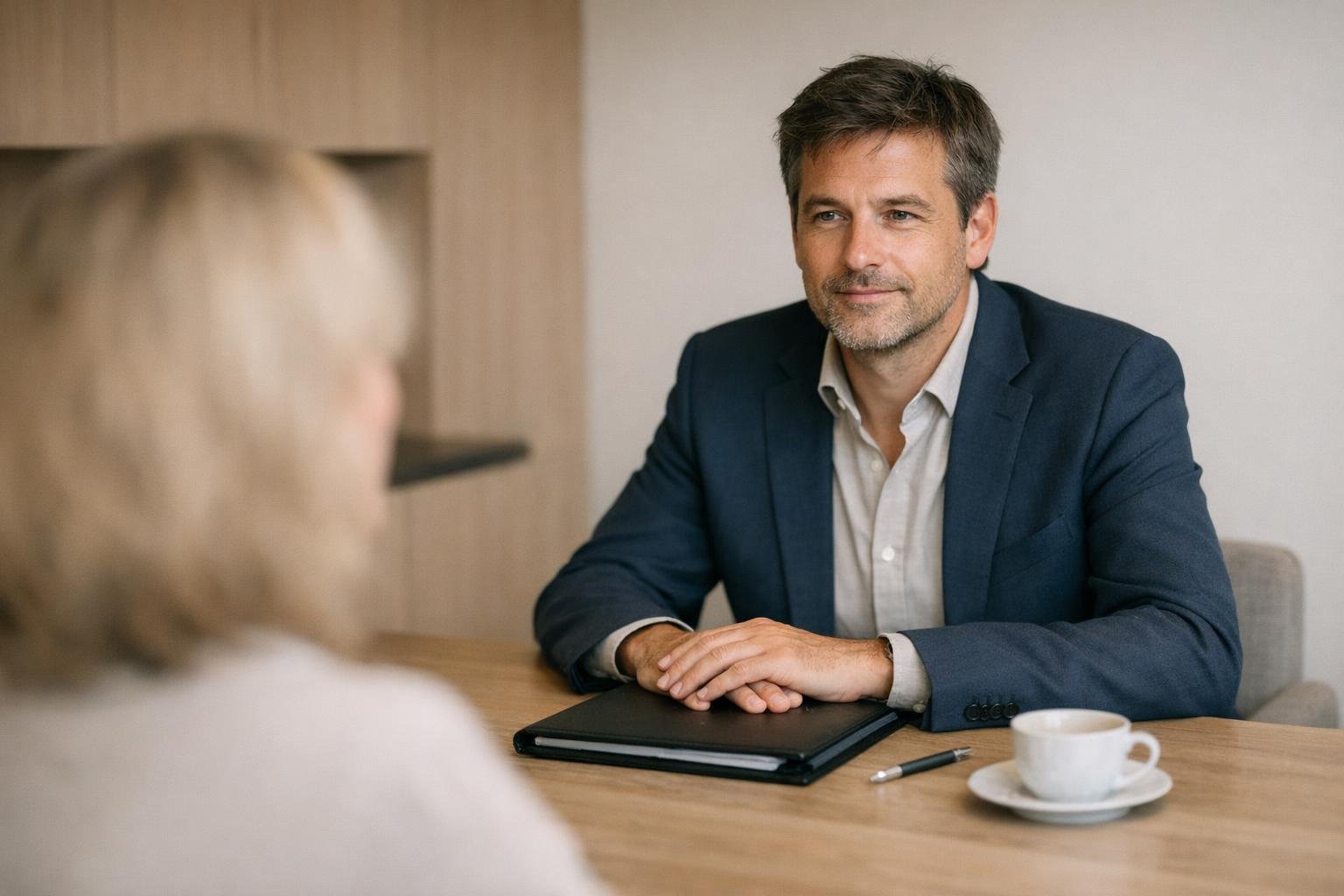 A financial adviser answers his trainer’s question during a one-to-one lesson in a meeting room