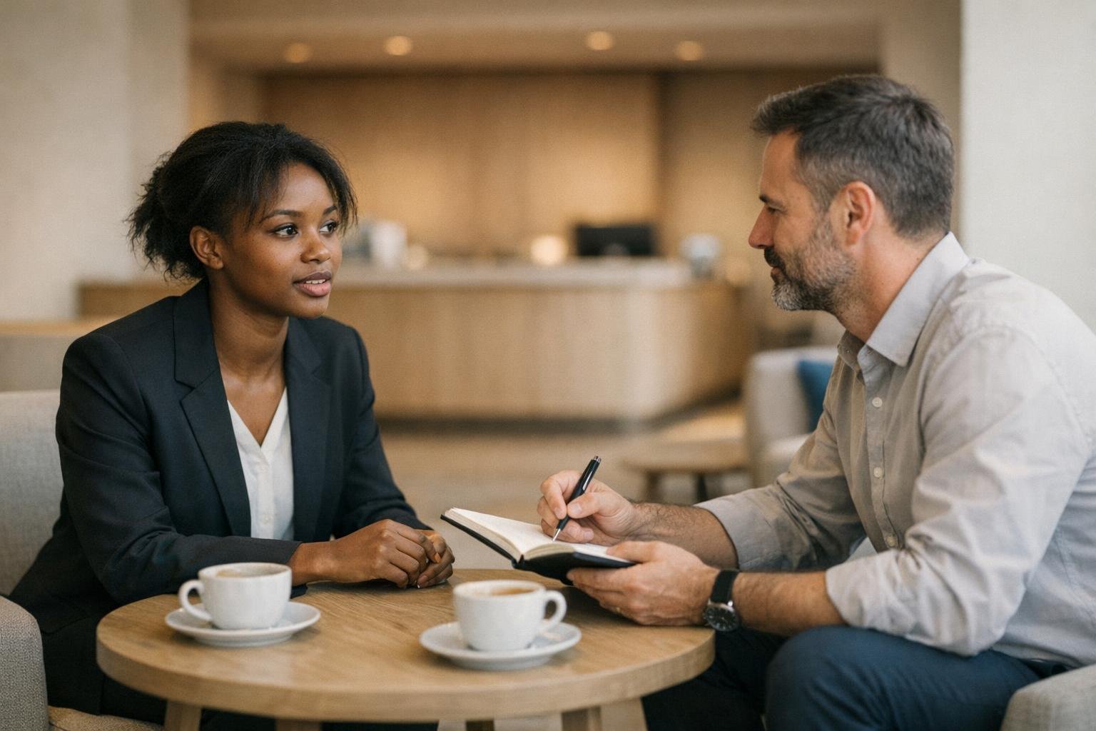 A hotel receptionist practises speaking with her trainer in the hotel lounge