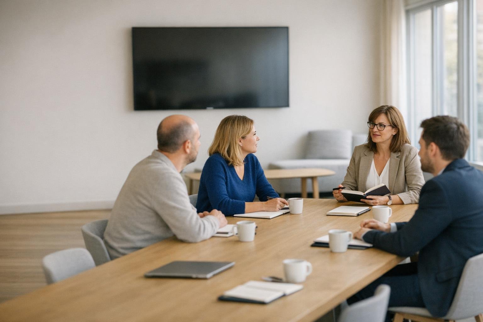 Formation de langue en petit groupe : quatre collaborateurs autour d’une table de réunion écoutent la question de leur formatrice
