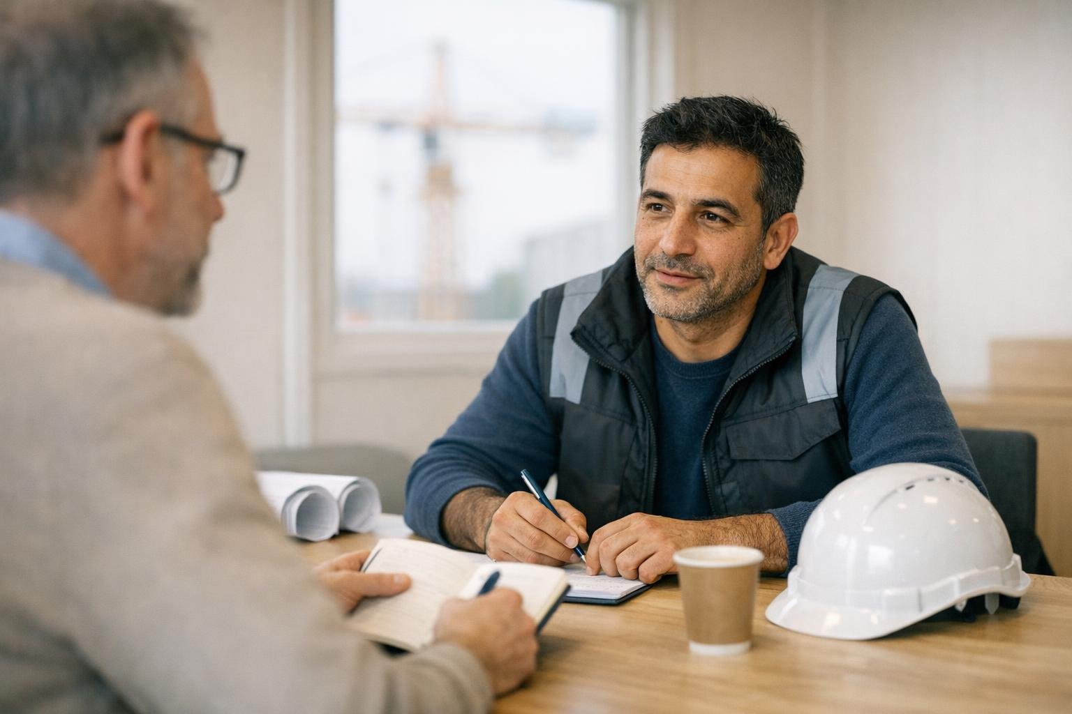 Un conducteur de travaux suit un cours de langue avec son formateur dans un bureau de chantier, casque posé sur la table