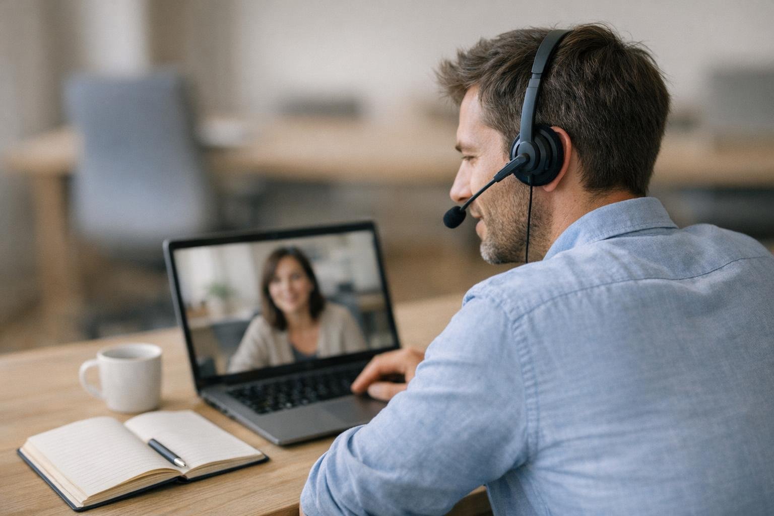 Un collaborateur suit un cours de langue en visioconférence depuis son poste de travail, casque micro sur les oreilles