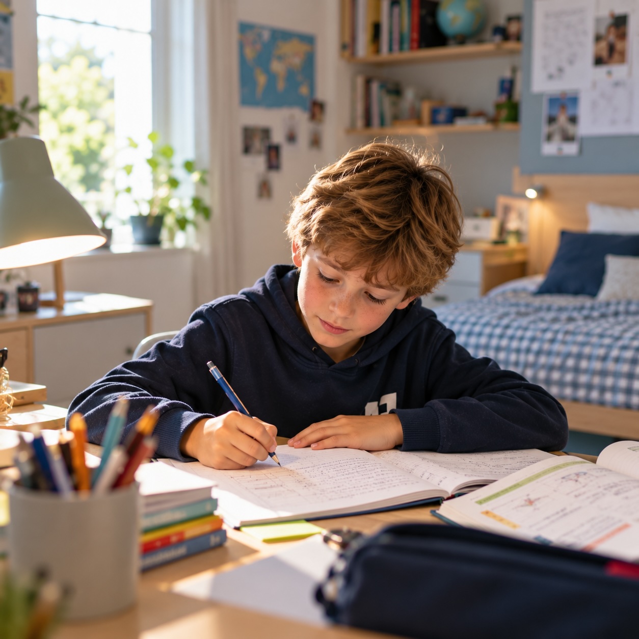 Un élève de primaire fait ses exercices à son bureau