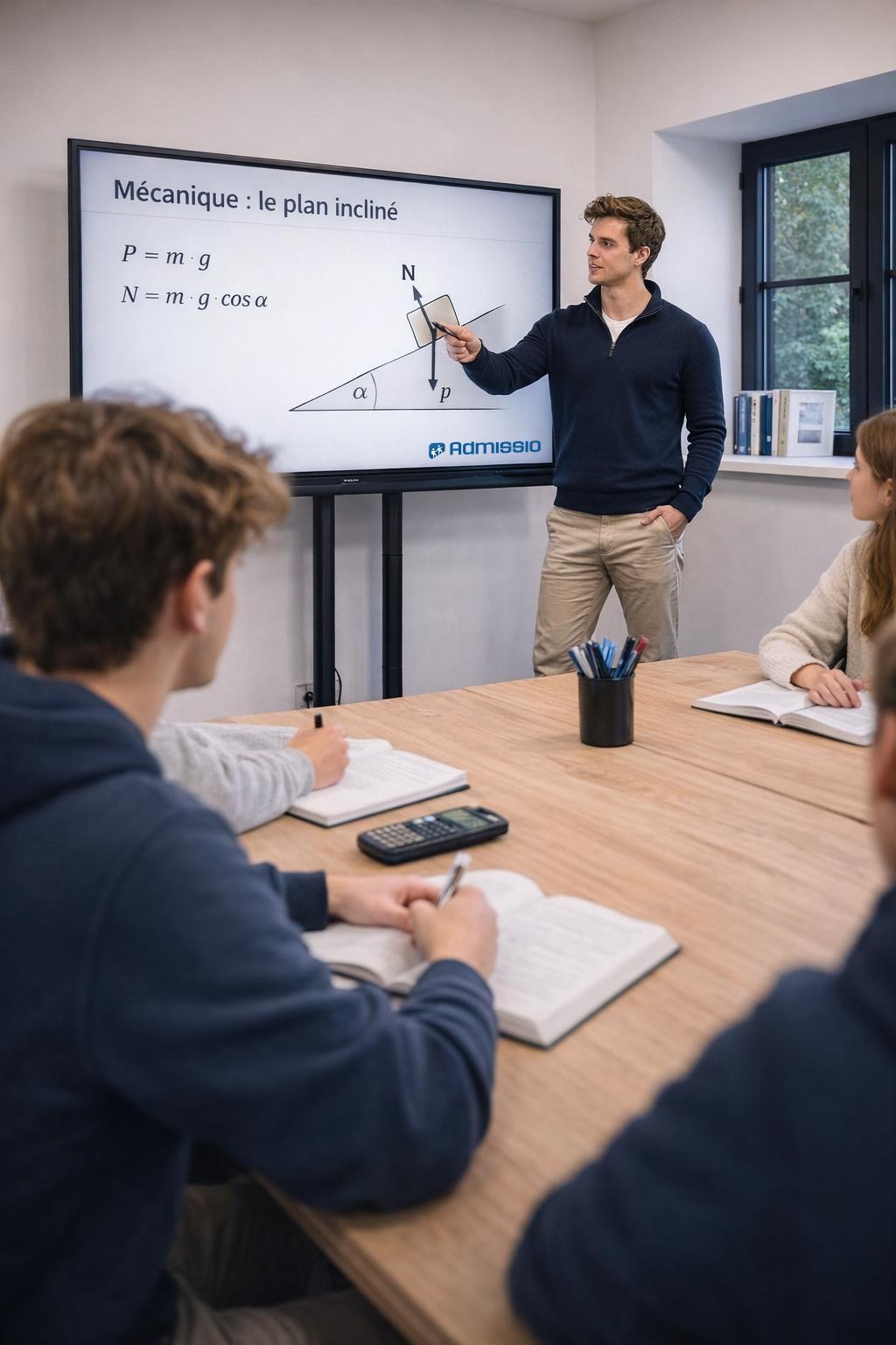 Un formateur Admissio explique un exercice de physique sur le plan incliné à un petit groupe d’étudiants en prépa médecine