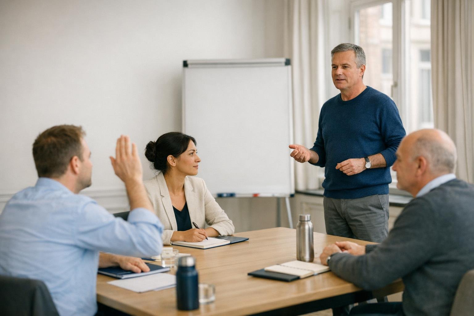 Three civil servants attend a Dutch course; one raises his hand to answer the trainer