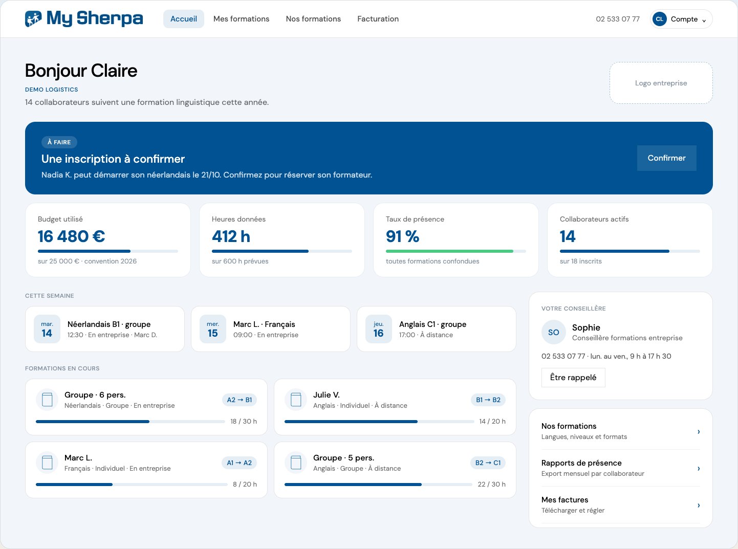 Accueil de l’espace entreprise My Sherpa : budget utilisé, heures données, taux de présence et formations en cours