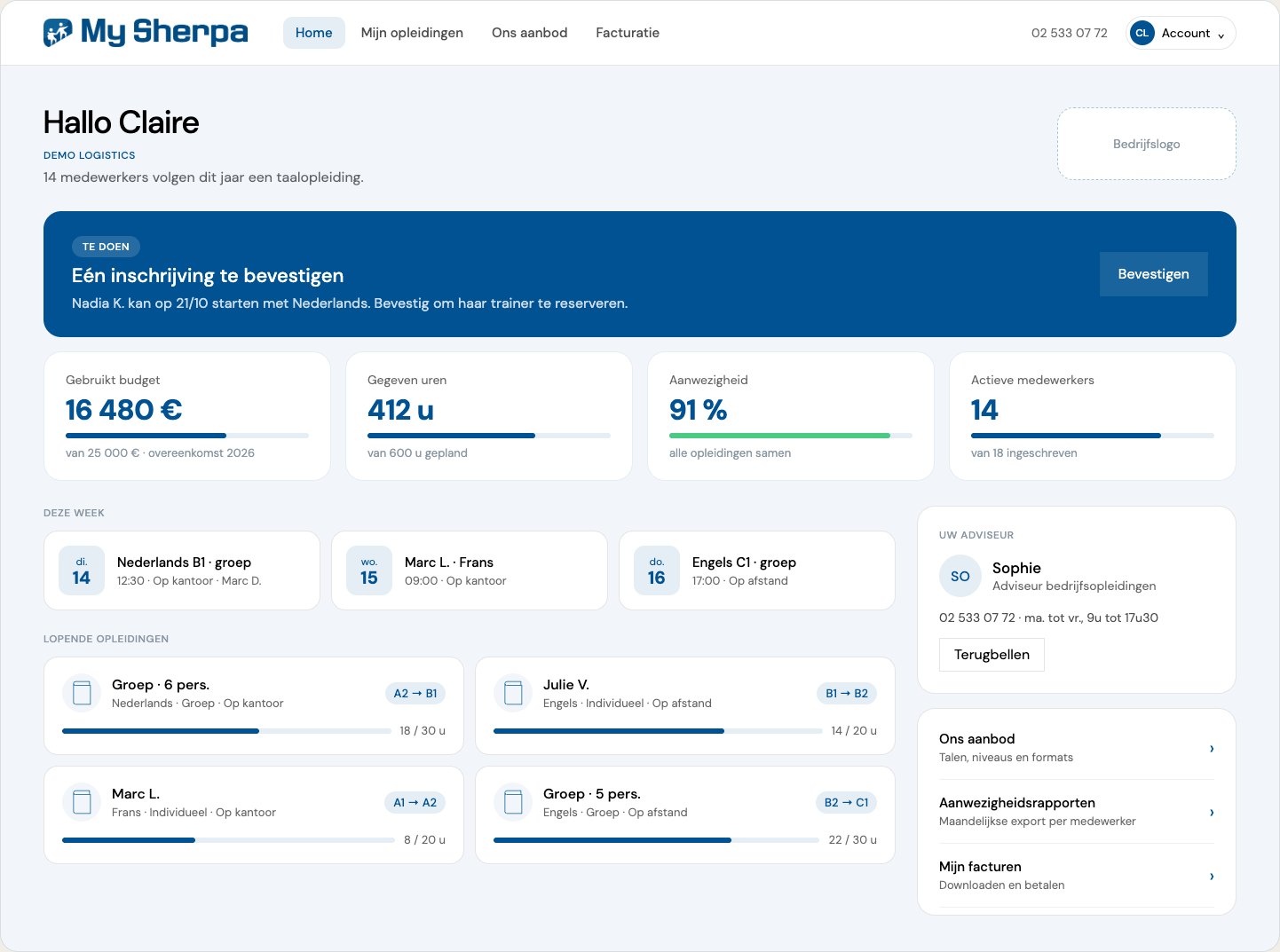 Accueil de l’espace entreprise My Sherpa : budget utilisé, heures données, taux de présence et formations en cours